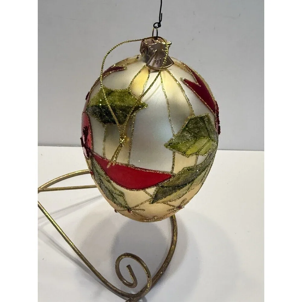 VTG W.C Gold Teardrop Christmas Ornament Hand Painted Berry Holly Glitter Glass